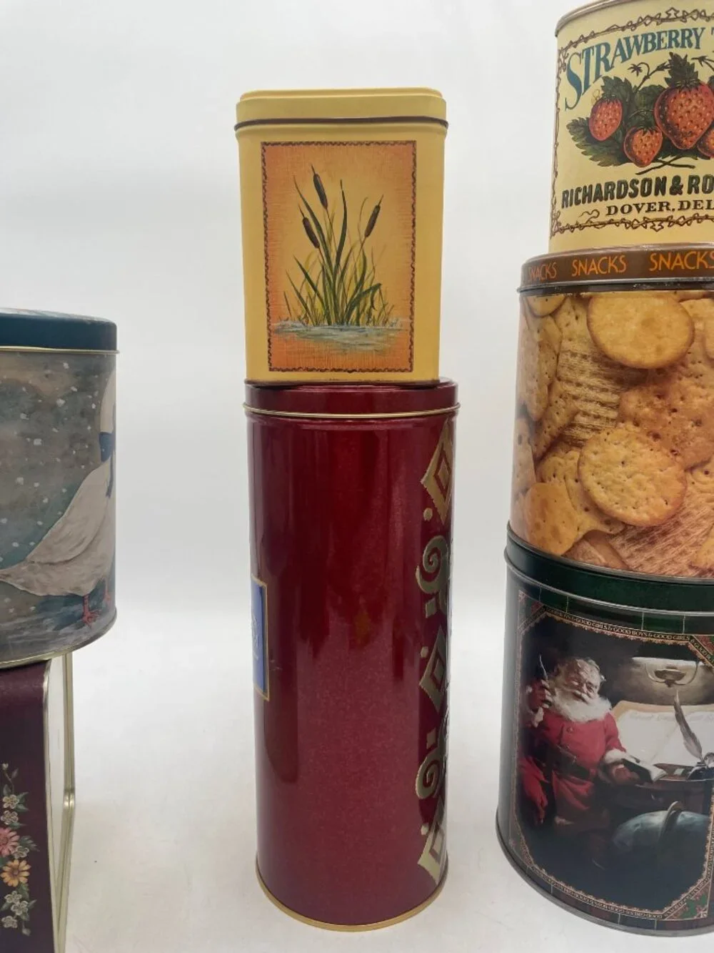 Lot of 7 Decorative Vintage Tin Containers Advertising Snack And Holiday Themes
